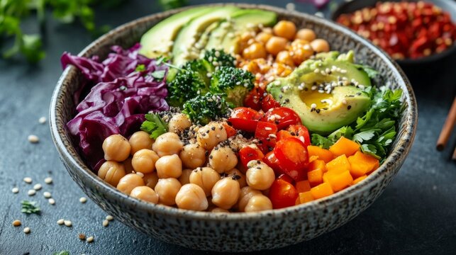 A bright, healthy buddle bowl with avocado, vegetables, chickpeas, and greens on a wooden table is useful for articles on proper nutrition, cooking blogs, and advertising a healthy lifestyle.