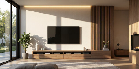 Modern Interior Living room TV wood cabinet plant sunlight home