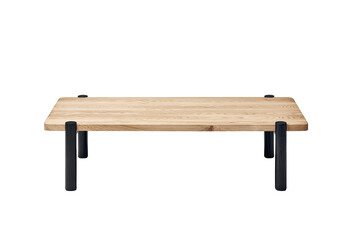 Light-toned wooden rectangular coffee table with dark-colored supports