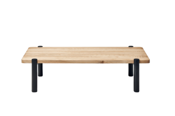 Light-toned wooden rectangular coffee table with dark-colored supports
