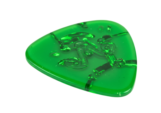 輝く緑のギターピック 鮮やかな模様と立体感