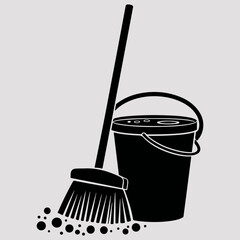 Mop Bucket Isolated Simple Vintage Graphic, Mop And Bucket Vector Drawing Clip Icon Set