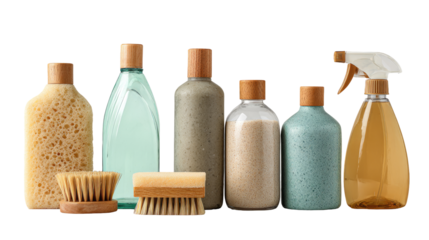 Assorted natural cleaning and body care products in glass and plastic bottles, with wooden-topped containers and brushes