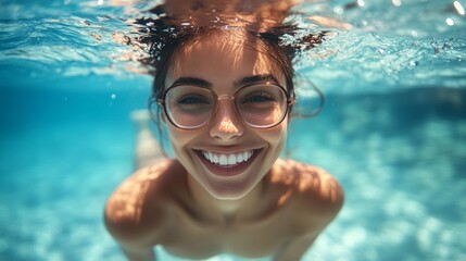 Naklejka premium A girl wearing glasses smiles underwater in a swimming pool — conveying joy, active recreation, and water sports themes.