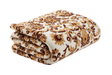 Folded blanket with ornate, cream-colored background, featuring a repeating, dark-brown damask pattern