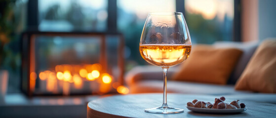 A glass of white wine on a table with a view of the sunset and candles will create the perfect atmosphere for articles about relaxation, travel, and interior design.