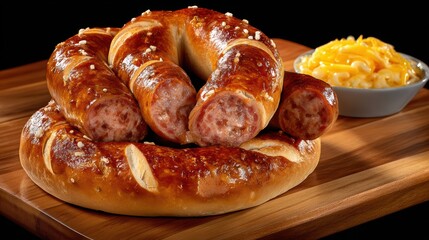 Fototapeta premium Sausage Pretzel Ring & Mac and Cheese - Delicious Food Photo