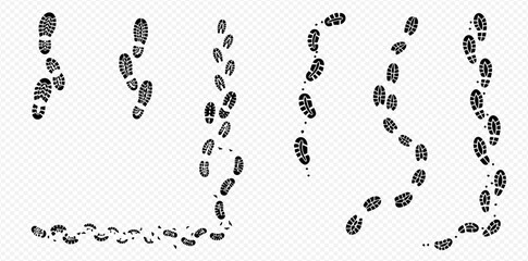 Five different paths of footprints, showing various directions and patterns against a transparent background.