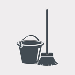 Mop Bucket Isolated Simple Vintage Graphic, Mop And Bucket Vector Drawing Clip Icon Set