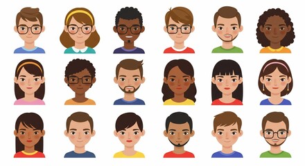 Fototapeta premium Diverse Portrait Collection: A vibrant mosaic of individual portraits representing a variety of ethnicities and styles, perfect for illustrating community, diversity, and human connection.