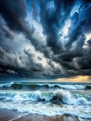 Obraz premium A dramatic stormy weather scene with dark clouds and powerful waves crashing against the shore