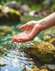 A hand reaching into a crystal-clear stream, capturing a splash of fresh water in the sunlight, showcasing the natural beauty of a tranquil woodland setting.