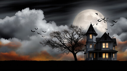 Fototapeta premium A spooky haunted house with glowing windows stands beside a leafless tree under a dramatic night sky. A large full moon illuminates the scene as a flock of bats flies across the clouds, creating an ee