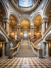 Grand staircase in Louisiana State Capitol Building with intricate moldings and carvings