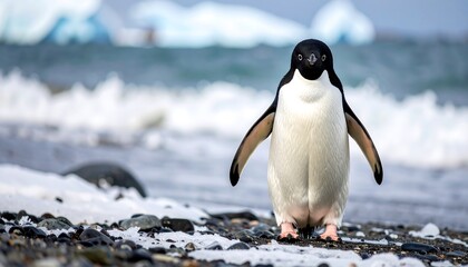 Obraz premium A single Adelie penguin stands proudly on a rocky Antarctic beach, its black and white plumage contrasting beautifully against the icy waves and distant icebergs.