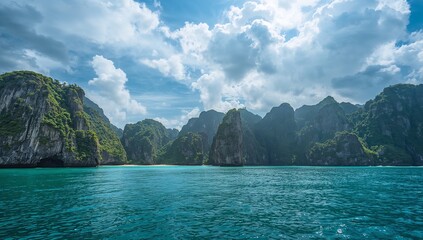 Dramatic limestone cliffs rise from turquoise waters under a cloudy sky