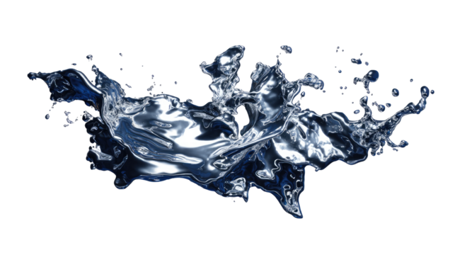 Abstract, dynamic splash of liquid, dark blue/grey tones, highlighted with white/silver reflections