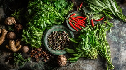Asian cuisine ingredients beautifully arranged on a rustic stone surface with fresh herbs and spices.