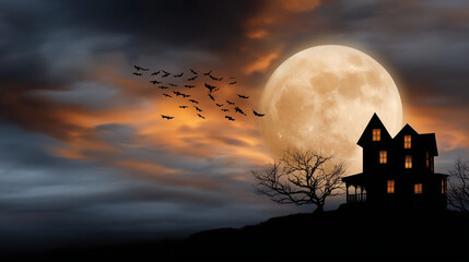 A haunted house silhouetted against a glowing full moon, with its windows lit in an eerie orange glow. Bats fly across the dramatic evening sky painted in dark clouds and fiery sunset hues, creating a