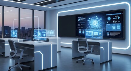 advanced technology modern control room with futuristic digital screens
