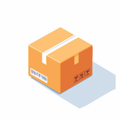 Isometric vector illustration of a sealed cardboard parcel with a barcode and fragile handling symbols