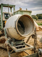 Fototapeta premium Close-up of concrete mixer's moving parts and rotating drum during construction on a farm