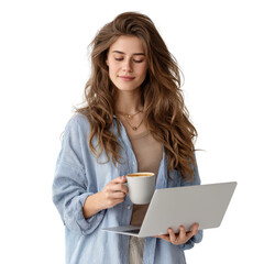 Young woman drinking coffee while working isoleted on transparent background .