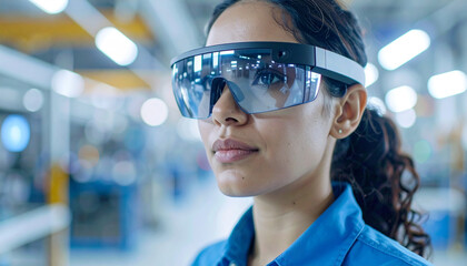 Vision of the Future: A female technician with determined gaze dons augmented reality glasses, poised to embrace cutting-edge technology in an industrial setting.  