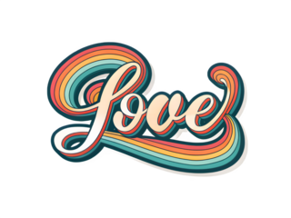 Retro style love word with colorful rainbow swirls on black background