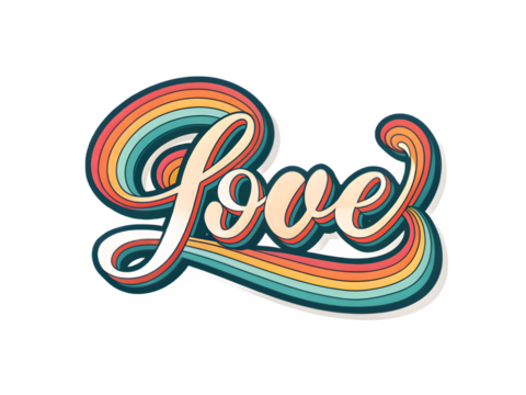 Retro style love word with colorful rainbow swirls on black background