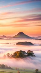 Soft pink mist envelops the Eildon Hills as morning sun slowly rises behind them