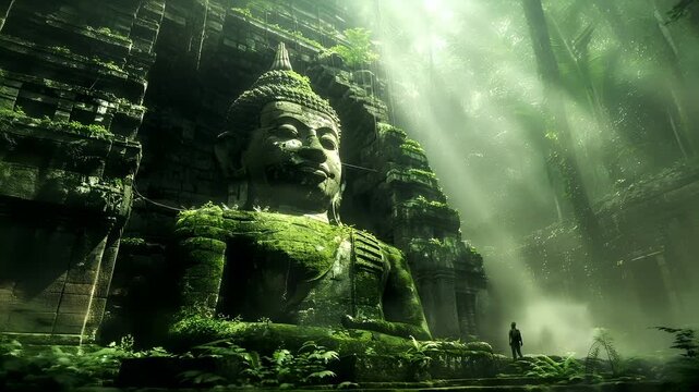 A vivid portrayal of a colossal Buddha statue in a lush, green environment. The statue is surrounded by a dense forest, with sunlight filtering through the canopy.