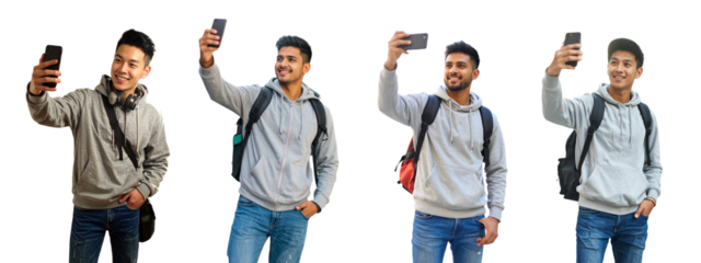  Set of Young Asian Man in Gray Hoodie Taking Casual Selfie Outdoors