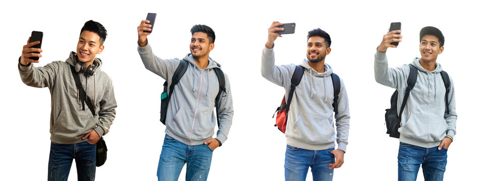 Set of Young Asian Man in Gray Hoodie Taking Casual Selfie Outdoors - Powered by Adobe