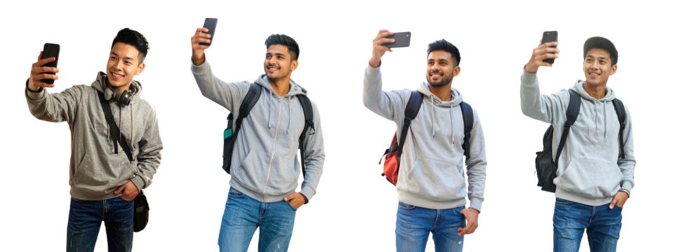  Set of Young Asian Man in Gray Hoodie Taking Casual Selfie Outdoors - Powered by Adobe