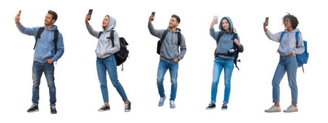 Set of 5 Casual Person in Hoodie and Jeans Taking Selfie with Backpack png