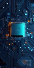 Fototapeta premium Blue circuit board with glowing chips electronic components top view dark background futuristic style high resolution digital art wallpaper