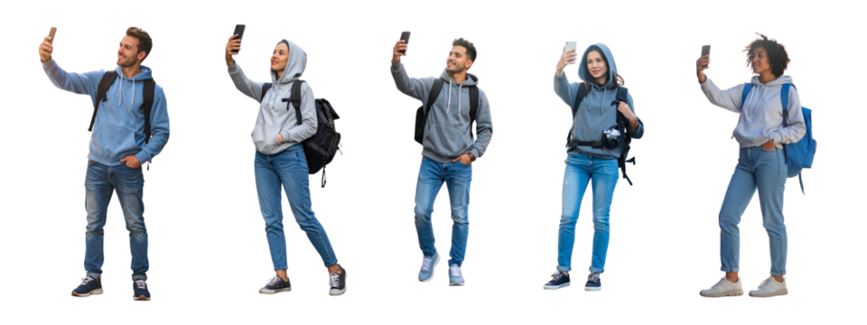  Set of 5 Casual Person in Hoodie and Jeans Taking Selfie with Backpack  png