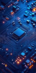 Obraz premium High-tech circuit board with glowing neon chip in blue and orange color scheme, high-angle close-up view highlighting intricate design and soft lighting