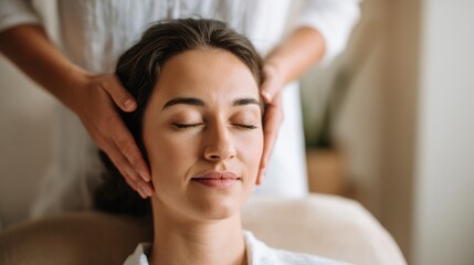 Young woman with closed eyes receiving a stress-relieving head massage in a calm spa environment. Wellness and beauty treatment.