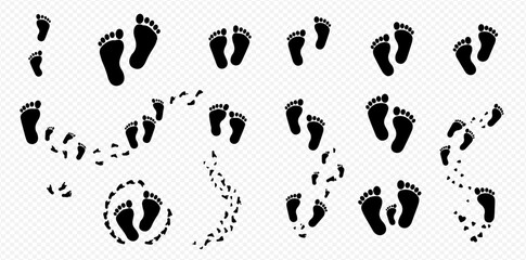 Collection of black footprint illustrations showing different paths and orientations on a transparent background.