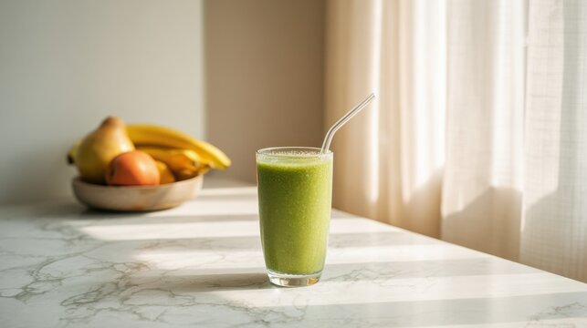 Glass of green smoothie with a metal straw placed on marble counter near a bowl of bananas and fruit in sunlight. Healthy lifestyle concept.
