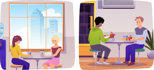 Cafe and restaurant interior vector flat illustrations set, cartoon children eating in the school cafeteria