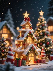 Charming Christmas Scene with a Tree-Shaped House and Festive Decorations