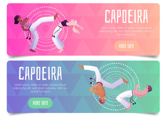 Obraz premium People doing capoeira movement exercise, Brazilian Capoeira dance and fight sport, advertising banner design vector set