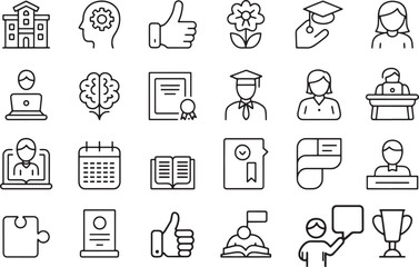 Fototapeta premium Black Line Education Icons Set – School, Student, Teacher, Book, Laptop, Certificate, Graduation Cap, Brain, Calendar, Puzzle, Trophy and More