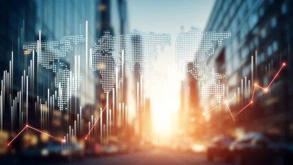 City skyline with digital world map and financial data visualization at sunset. - Powered by Adobe