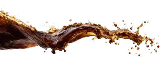 Dark brown liquid in a dynamic, flowing splash against a black background