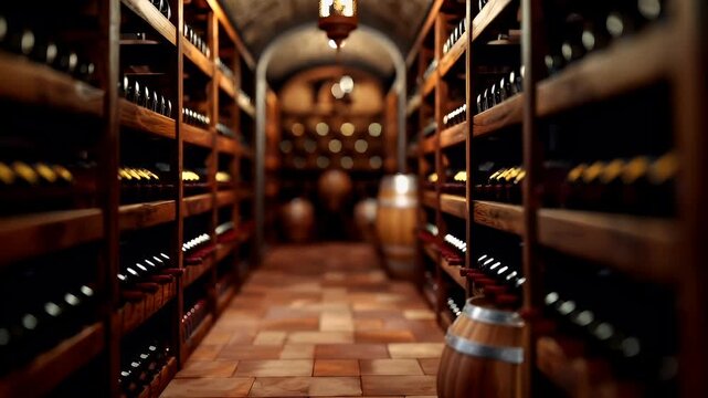 A wine cellar with wooden wine racks filled with bottles of wine.