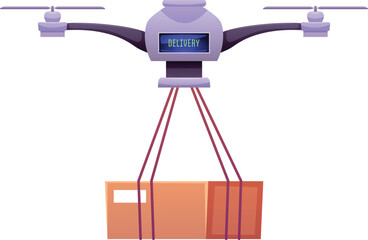 Robotic quadcopter delivers post package, cartoon drone robot carrying cargo, vector flat smart logistics transportation